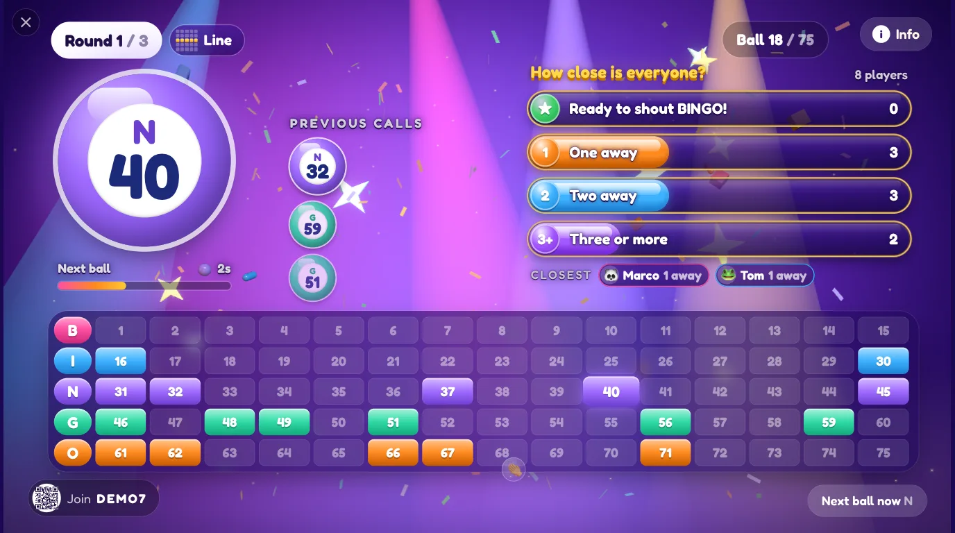 Bingo on the TV: the caller ball, the called-numbers board and a glassy graph of how close every player is to BINGO