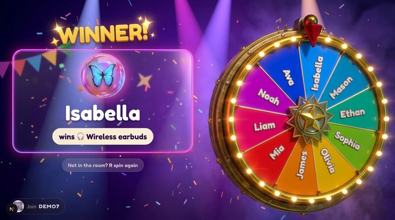 Spin Wheel Giveaway on the TV: a glowing prize wheel of names and the winner announced
