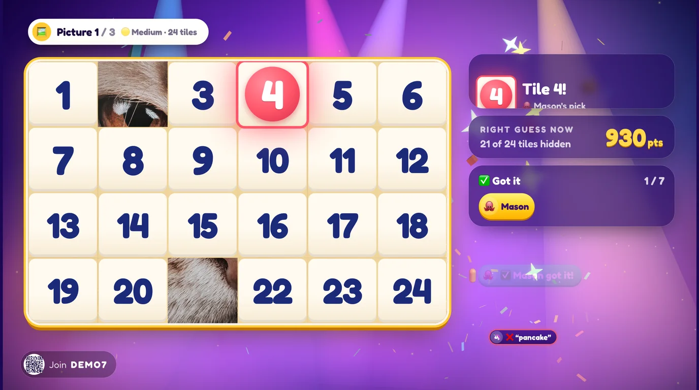 Sneak Peek on the TV: numbered tiles hide a photo, a few flipped open to reveal a cat's eye, with live points and who guessed it