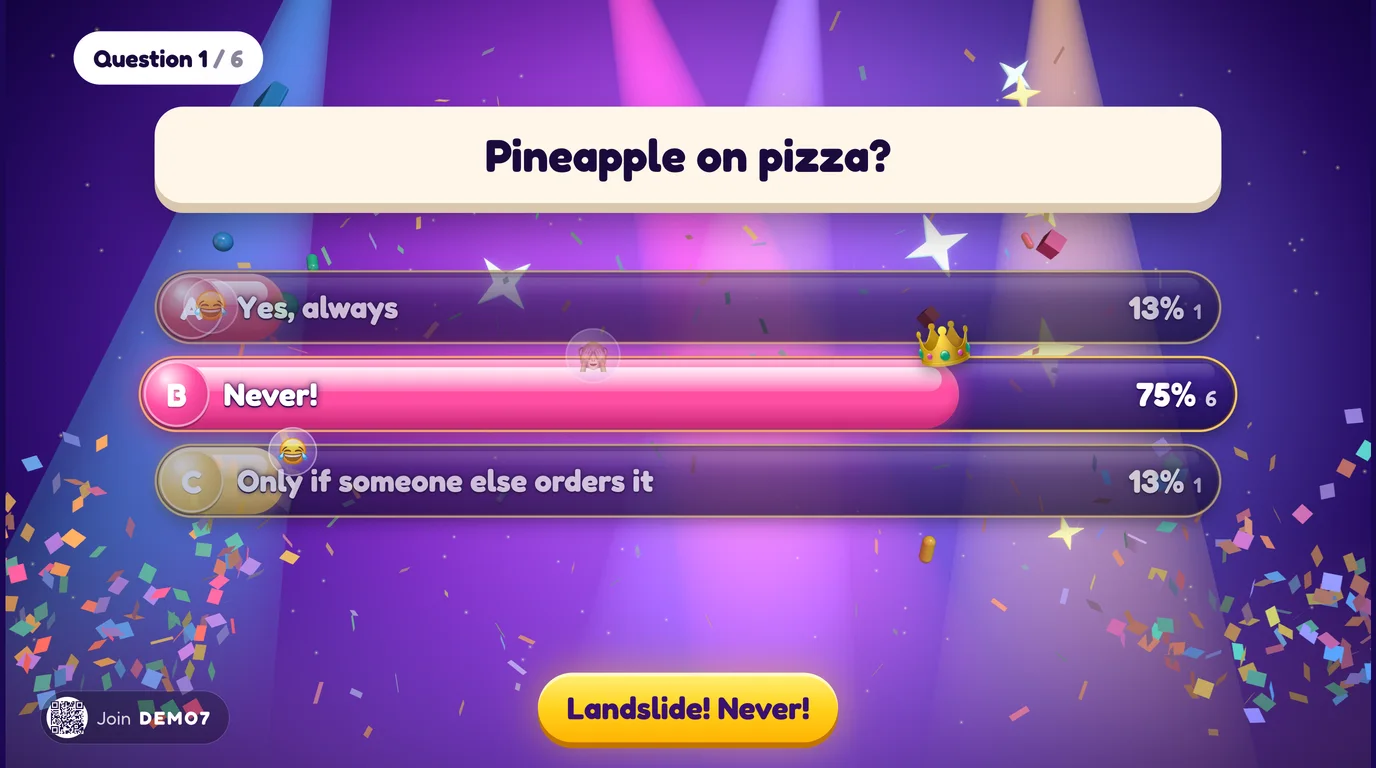 Polls & Voting on the TV: glassy vote bars, a crowned landslide winner and confetti