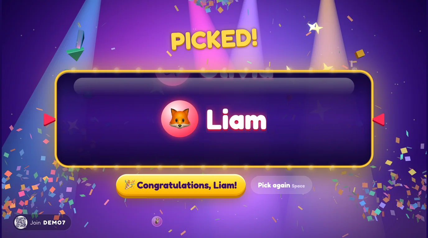 Name Picker on the TV: the glossy name reel lands on Liam, PICKED! with confetti and a gold marquee frame