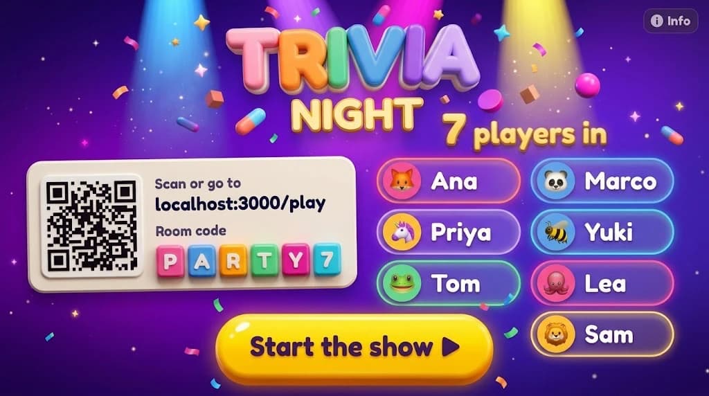 Trivia Night lobby on the TV: room code, QR code and players joining